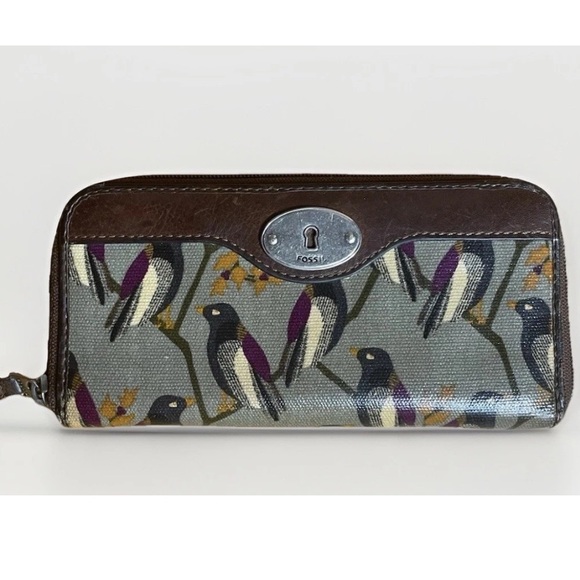 Vintage Fossil Key-Per Wallet Bird Pattern Leather Trim Zip Multislot 4” X 8” - Picture 1 of 6